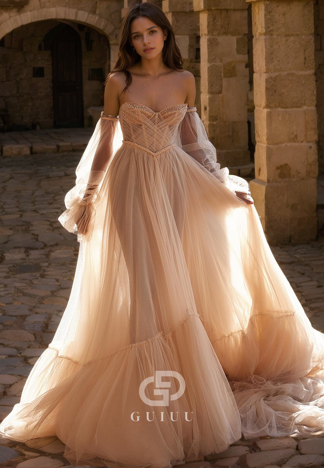 A-Line Strapless Long Sleeves Pleated Tulle Wedding Dress