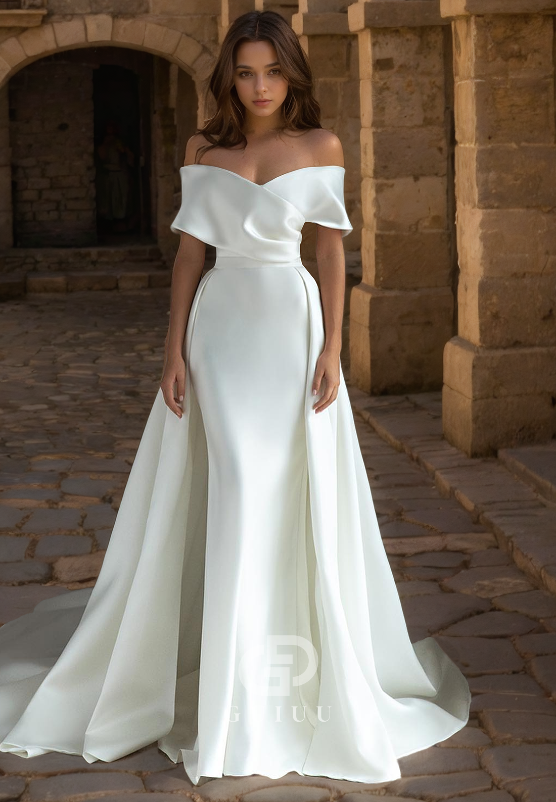 Mermaid Off Shoulder Half Sleeves Long Satin Wedding Dress with Train