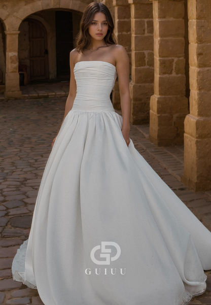 A-Line Strapless Sleeveless Pleated Satin Wedding Dress with Train