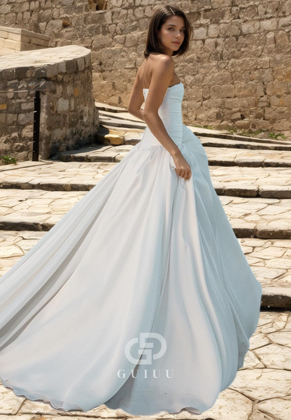 A-Line Strapless Sleeveless Pleated Satin Wedding Dress with Train