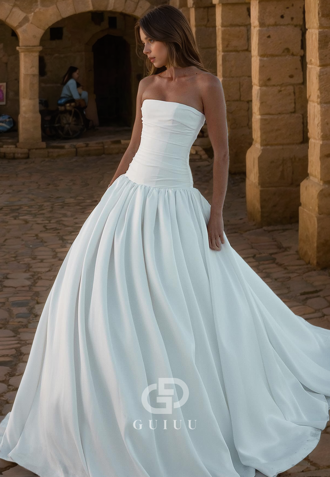 A-Line Strapless Sleeveless Pleated Satin Wedding Dress with Train