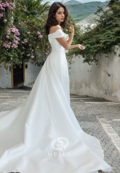 A-Line Off Shoulder Sleeveless Pleated Satin Wedding Dress with High Side Slit