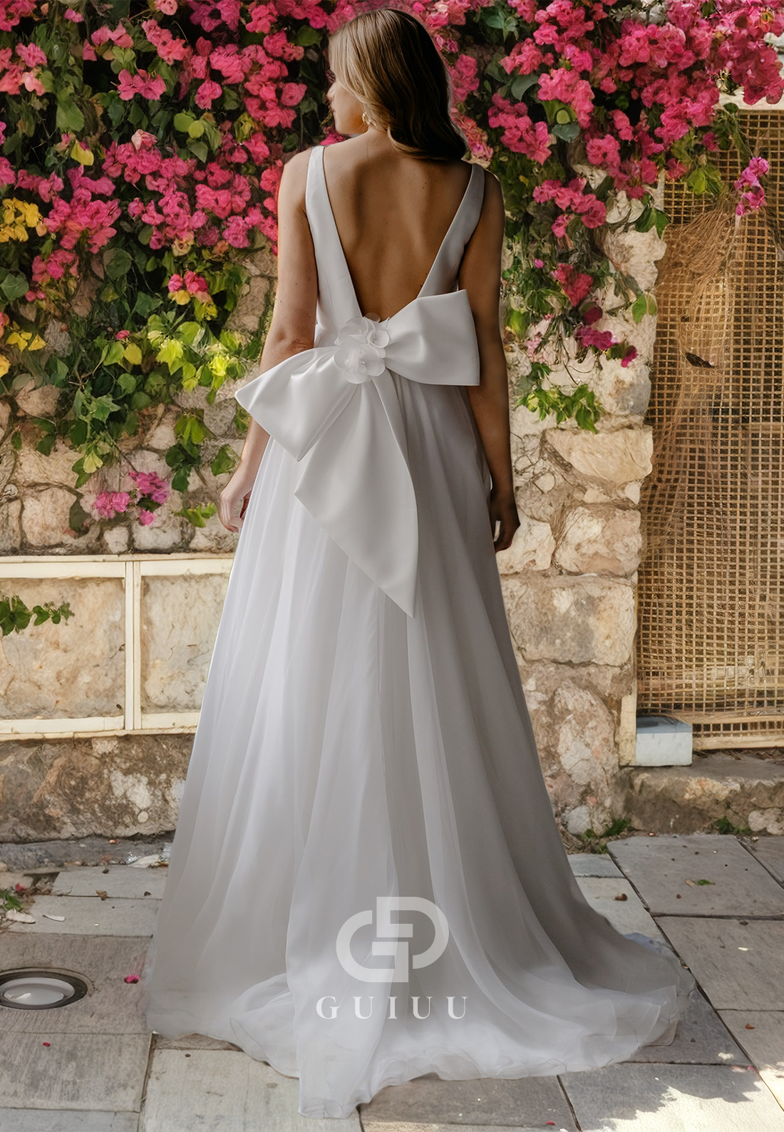 A-Line V Neck Straps Sleeveless Open Back Wedding Dress with Bow Knot