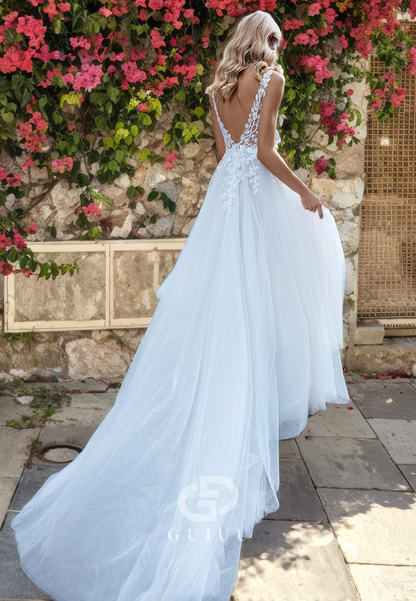 A-Line Strapless Straps Sleeveless Appliques Open Back Boho Wedding Dress