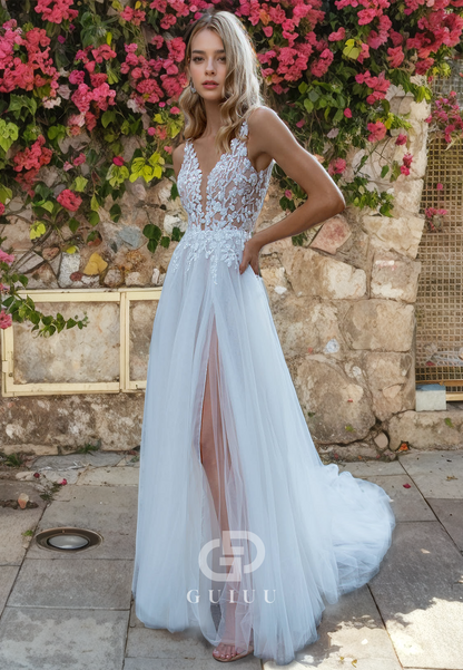 A-Line Strapless Straps Sleeveless Appliques Open Back Boho Wedding Dress