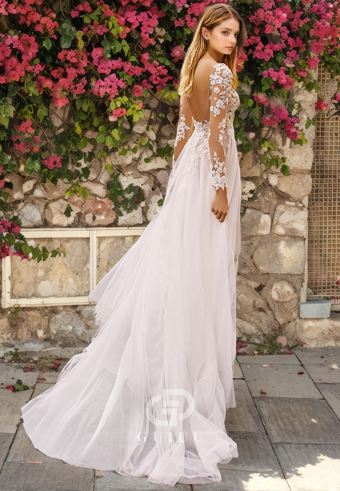 A-Line V Neck Long Sleeves Appliques Long Beach Wedding Dress with High Side Slit