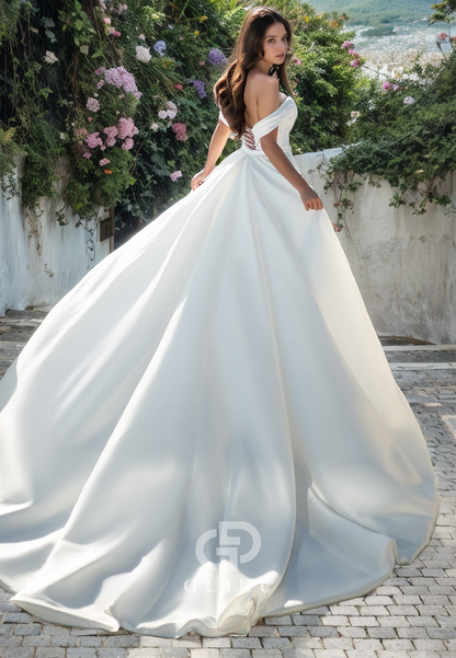 A-Line Off Shoulder Sleeveless Pleated Long Wedding Dress with Train