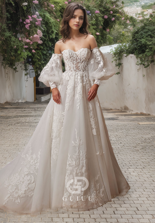 A-Line Off Shoulder Long Sleeves Appliques Back Zipper Wedding Dress