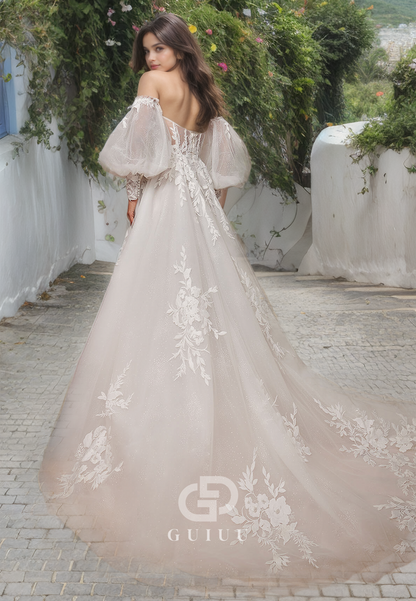 A-Line Off Shoulder Long Sleeves Appliques Back Zipper Wedding Dress