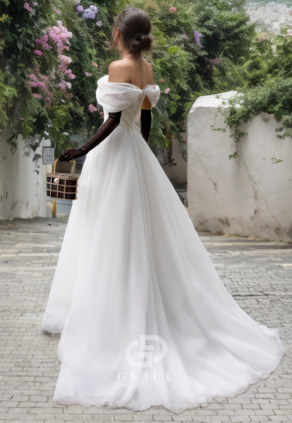 A-Line Off Shoulder Sleeveless Pleated Back Zipper Long Wedding Dress with Train