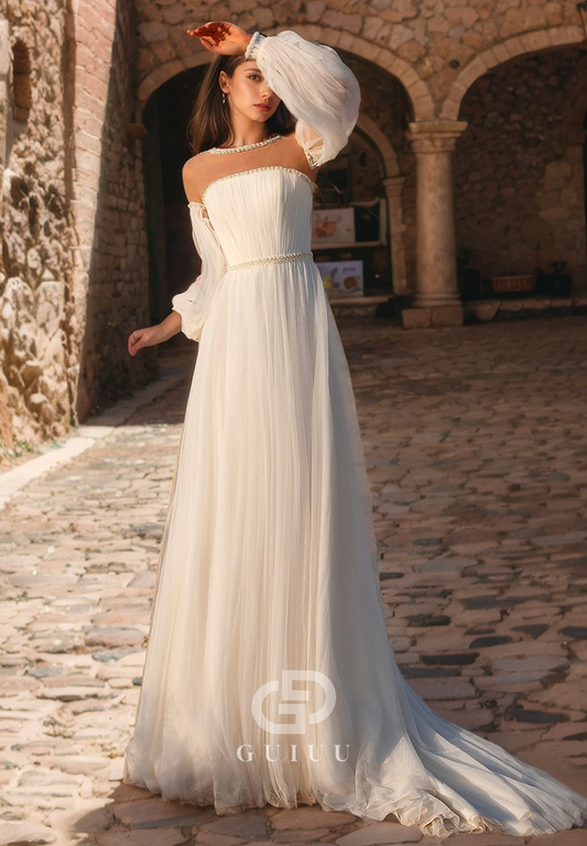 A-Line Scoop Neck Long Sleeveless Chiffon Long Boho Wedding Dress