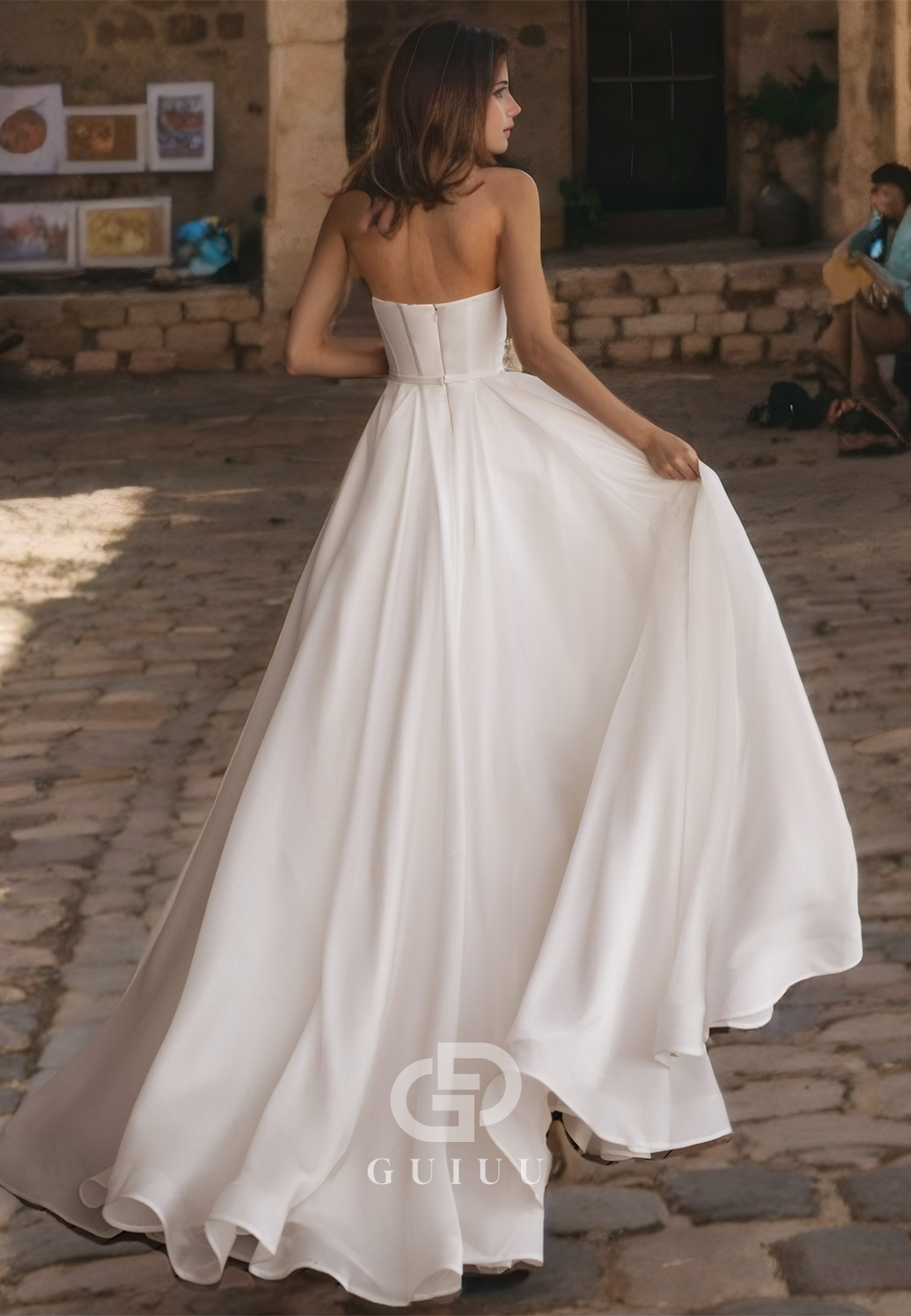 A-Line Strapless Sleeveless Pleated Back Zipper Satin Long Wedding Dress