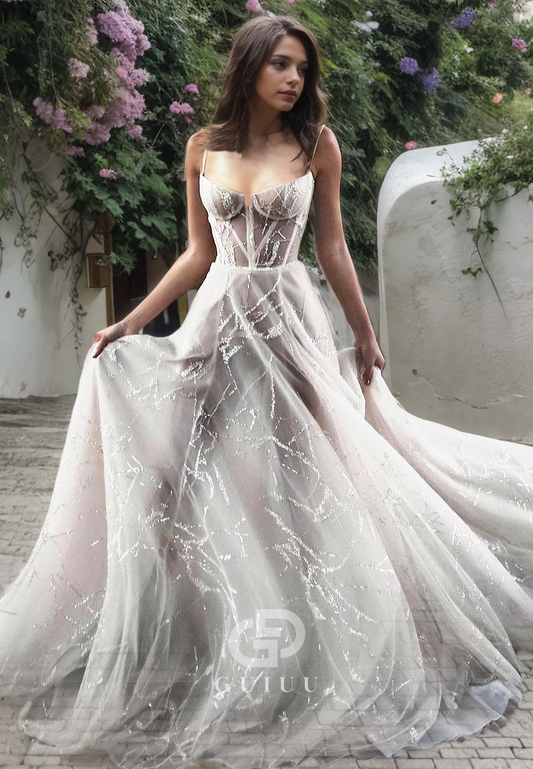 A-Line Strapless Straps Sleeveless Tulle Beach Wedding Dress with Train