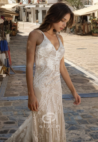 Mermaid V Neck Straps Sleeveless Fully Beaded Long Wedding Dress with Train