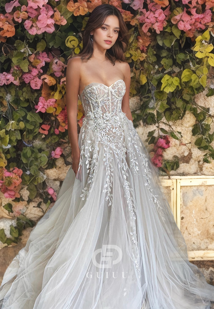 A-Line Strapless Sleeveless Appliques Tulle Wedding Dress with High Side Slit and Train