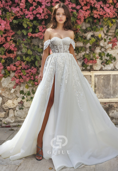 A-Line Off Shoulder Appliques Sequins Tulle Wedding Dress with High Side Slit