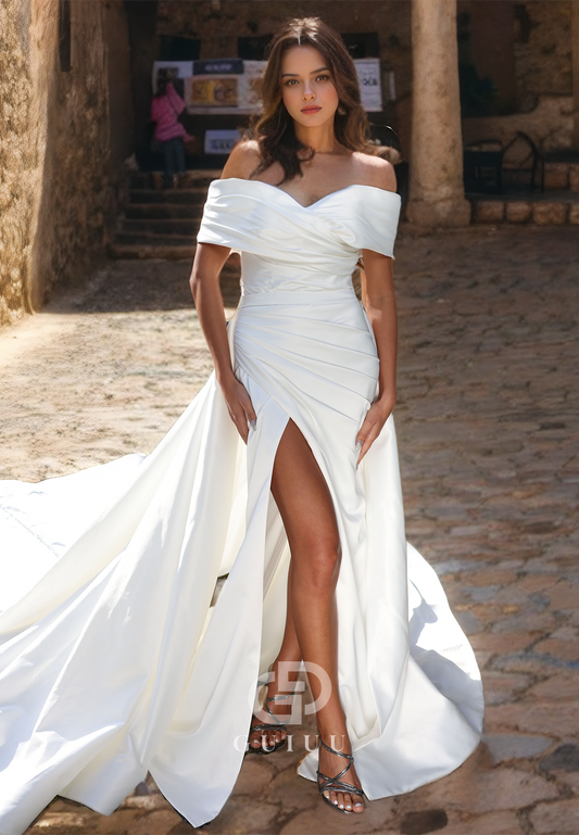 Sheath Off Shoulder Sleeveless Pleated Long Wedding Dress with High Side Slit and Train