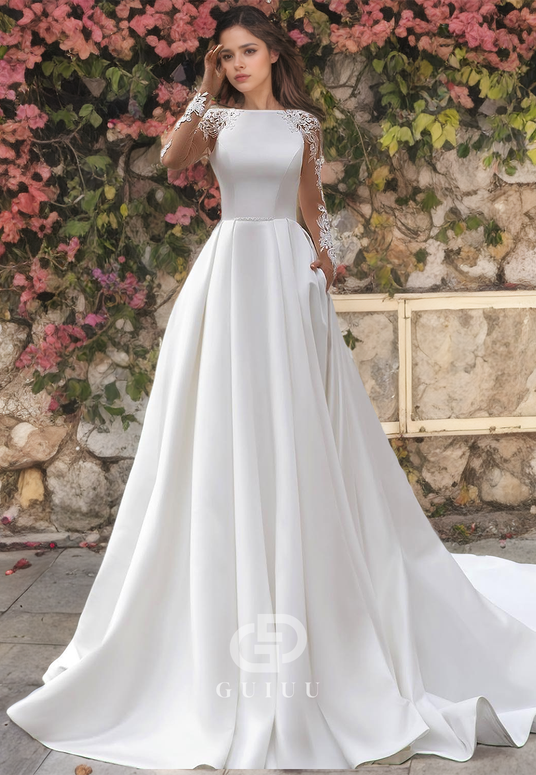 A-Line High Neck Long Sleeves Appliques Long Satin Wedding Dress with Train