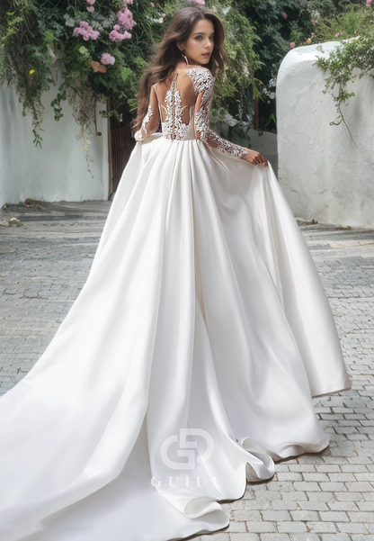 A-Line High Neck Long Sleeves Appliques Long Satin Wedding Dress with Train