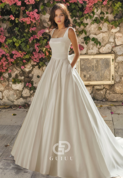 A-Line Square Straps Sleeveless Satin Open Back Wedding Dress with Train