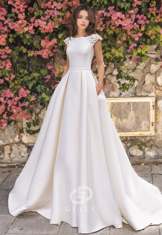 A-Line High Neck Cap Sleeves Appliques Long Satin Wedding Dress with Train