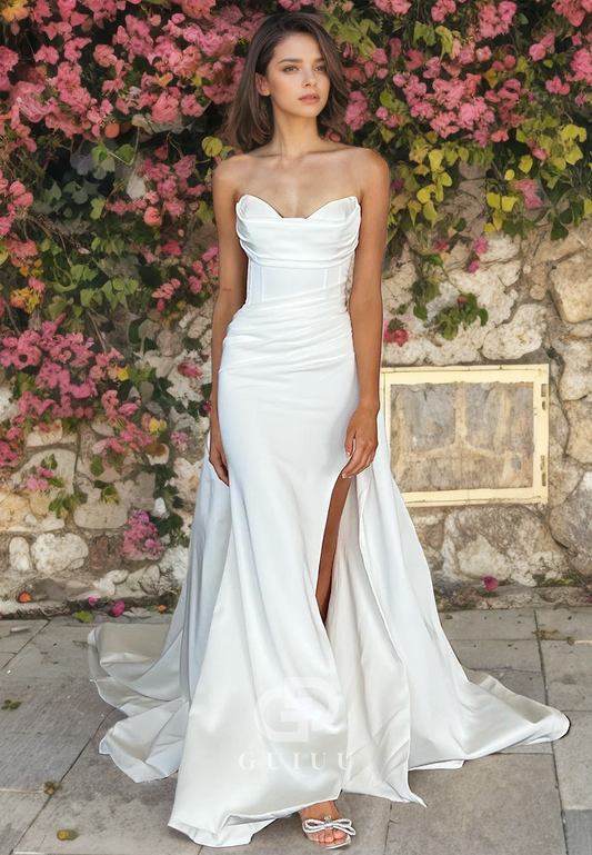 Sheath Strapless Sleeveless Pleated Long Satin Wedding Dress with High Side Slit and Train