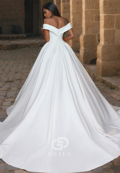 A-Line Off Shoulder Sleeveless Pleated Back Zipper Satin Wedding Dress