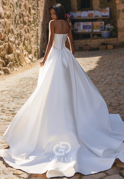 A-Line Strapless Sleeveless Pleated Beaded Satin Long Wedding Dress with High Side Slit and Train