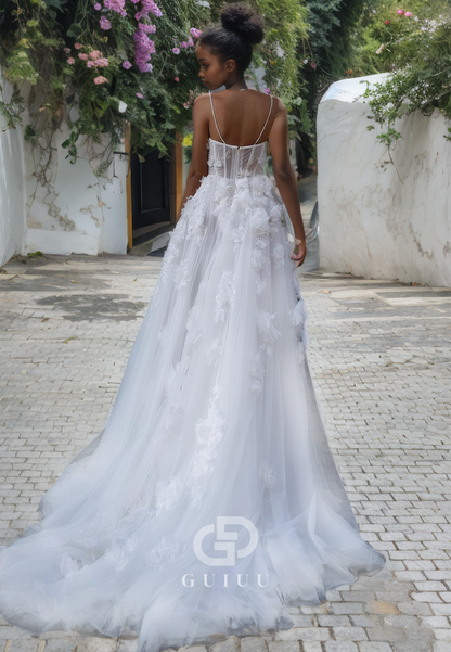 A-Line Strapless Straps Sleeveless Tulle Wedding Dress with High Side Slit and Train