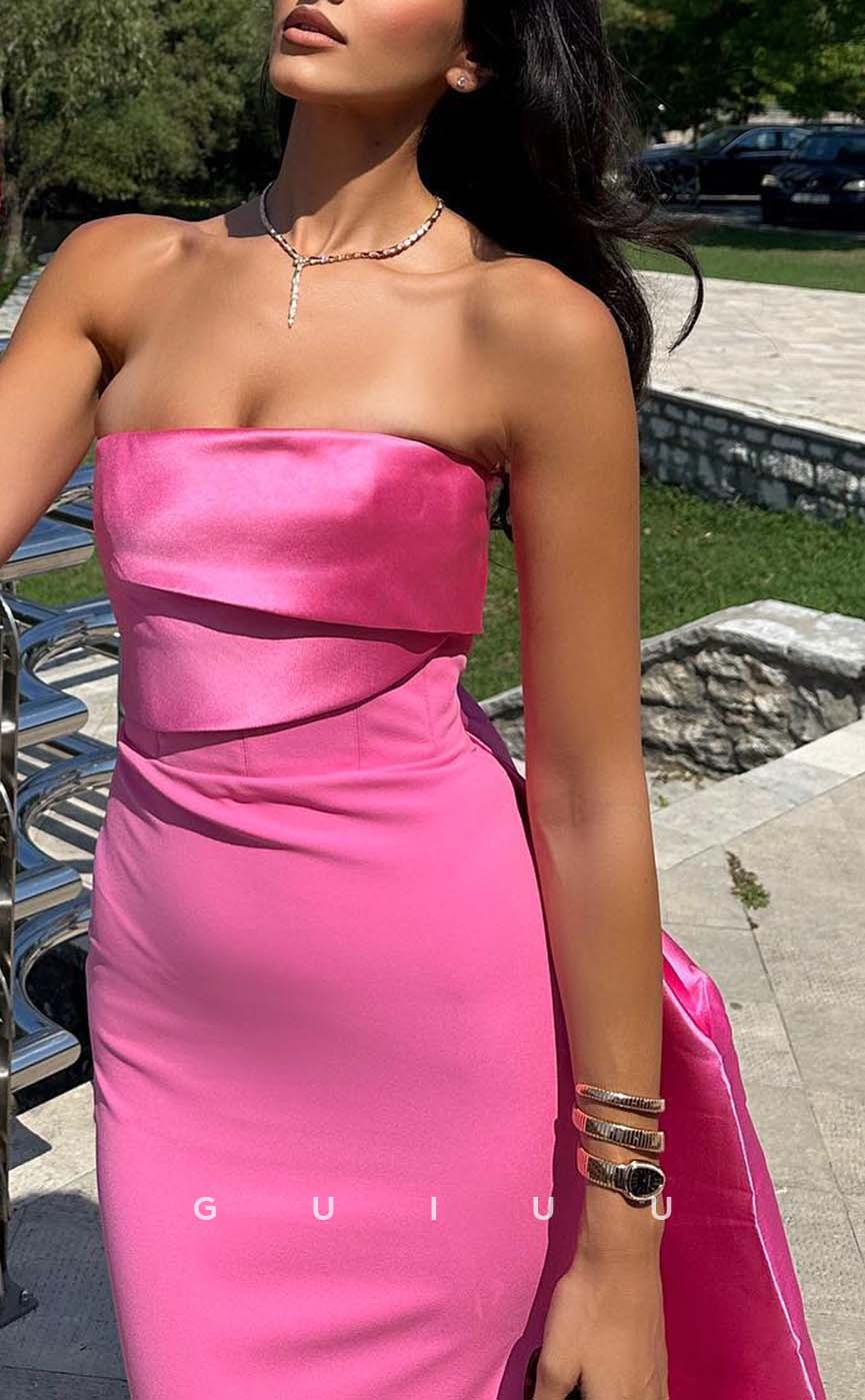 G3268 - Sheath & Simple Strapless Hot Pink Long Party Prom Evening Dresses