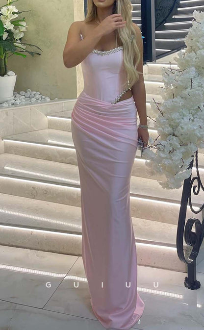 G3287 - Chic & Modern Beaded Strapless Pleats Pink Long Party Prom Evening Dresses