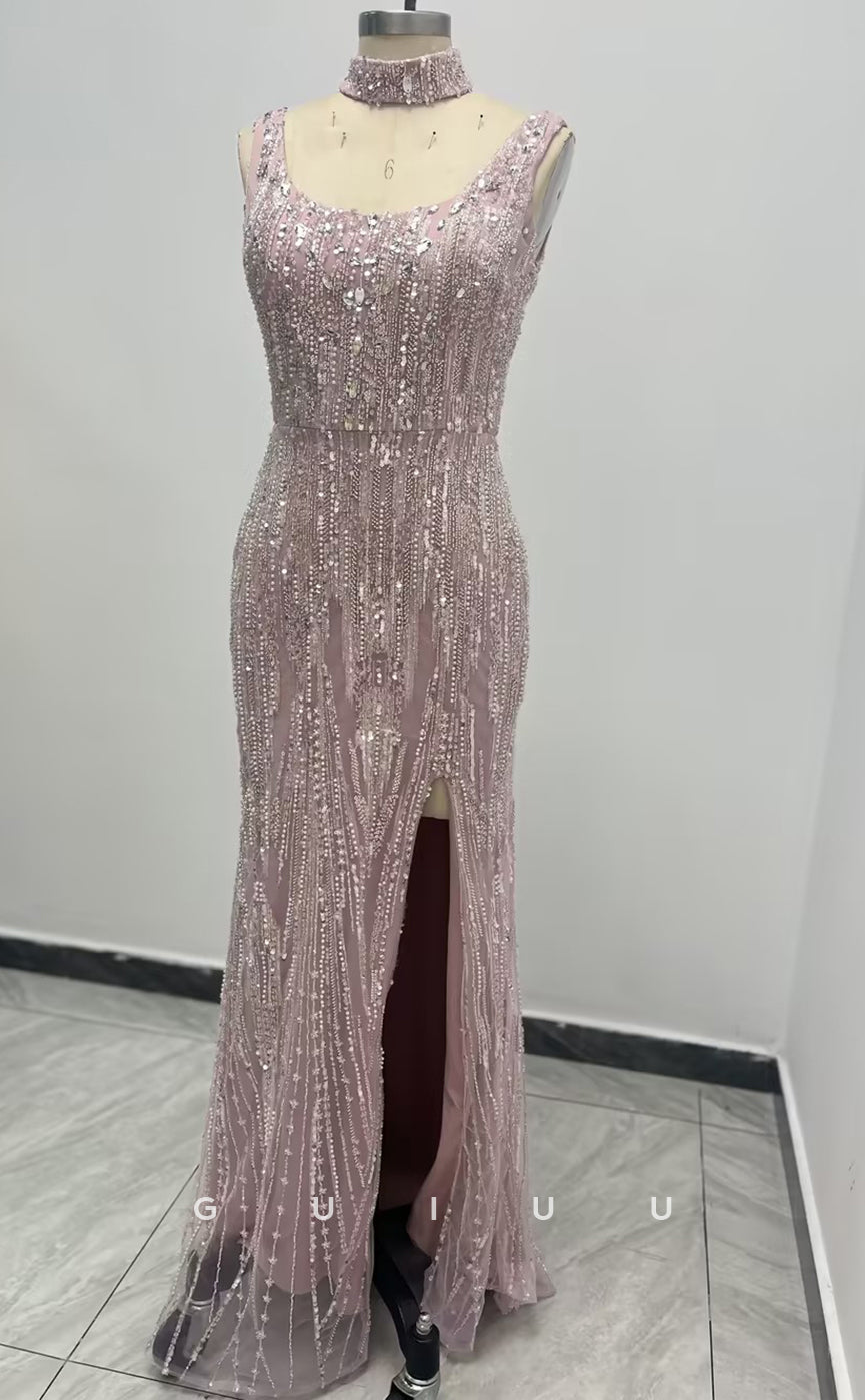 G3081 - Elegant & Luxurious Square Beaded Embroidered Illusion Formal Prom Dress With Slit