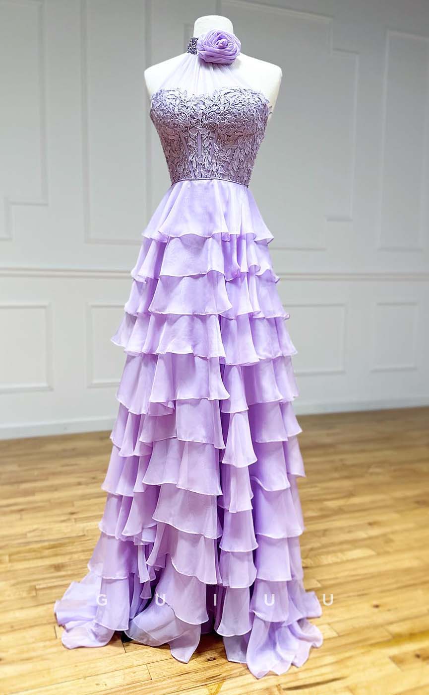 G3245 - Chic & Modern High Neck Applique Tulle Lilac Long Formal Prom Dresses