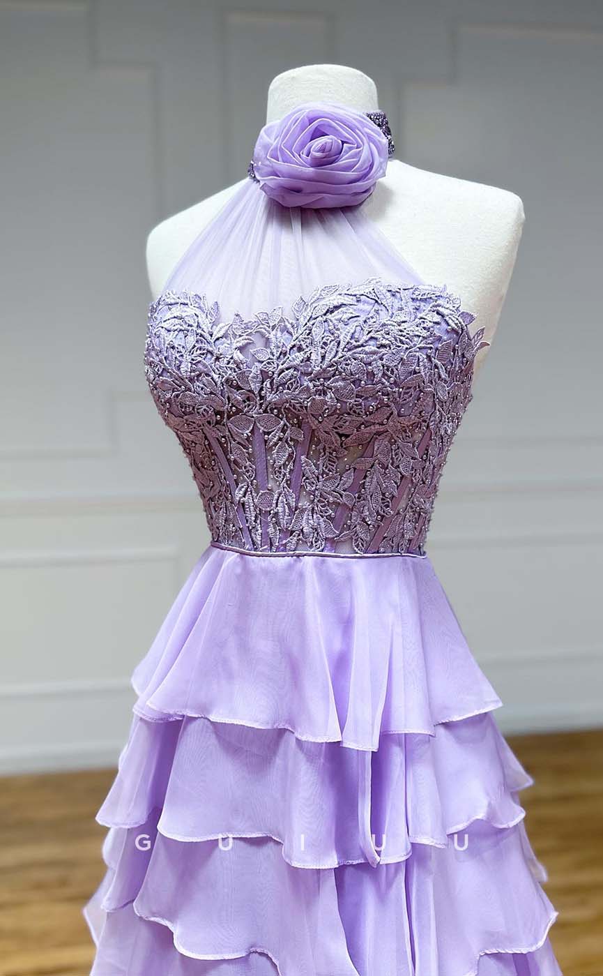 G3245 - Chic & Modern High Neck Applique Tulle Lilac Long Formal Prom Dresses