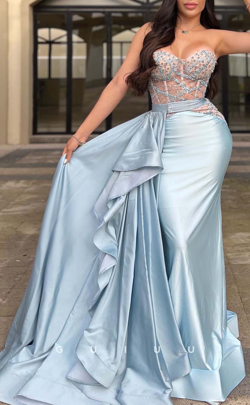 G3301 - Elegant & Luxurious Strapless Beaded Sheer Train Long Party Prom Evening Dresses