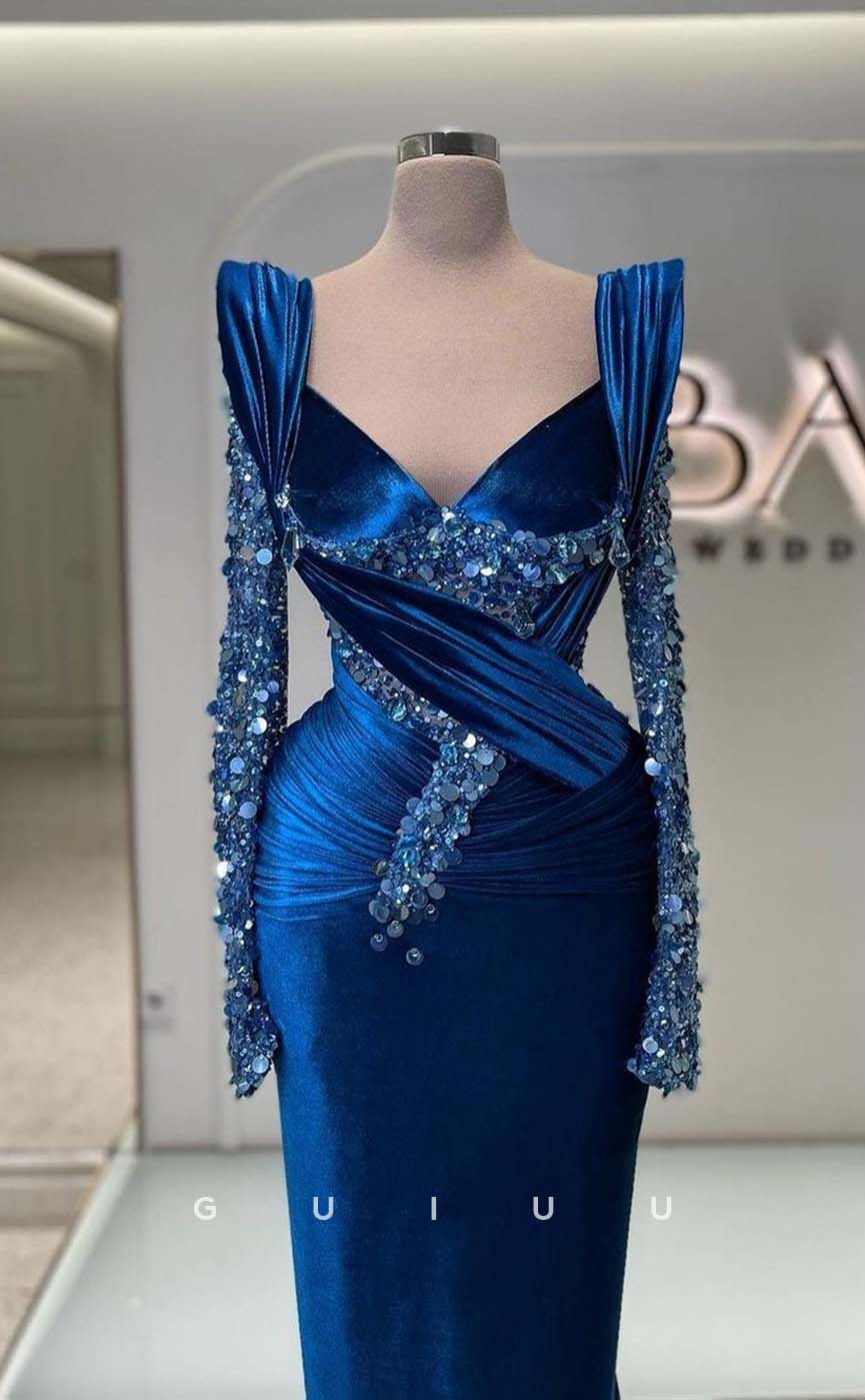 G3246 - Elegant & Luxurious V-Neck Sequins Long Sleeves Formal Prom Dresses