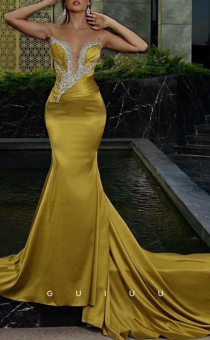 G3314 - Chic & Modern V-Neck Strapless Beaded Long Party Prom Evening Dresses