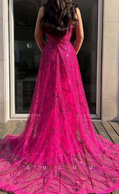 G3273 - Sparkle Strapless Sequins Beaded Hot Pink Long Party Prom Evening Dresses