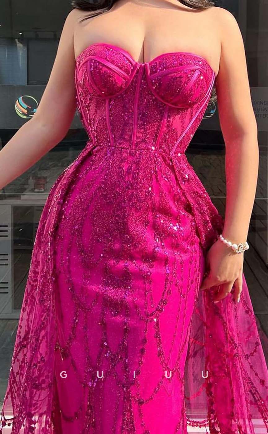 G3273 - Sparkle Strapless Sequins Beaded Hot Pink Long Party Prom Evening Dresses