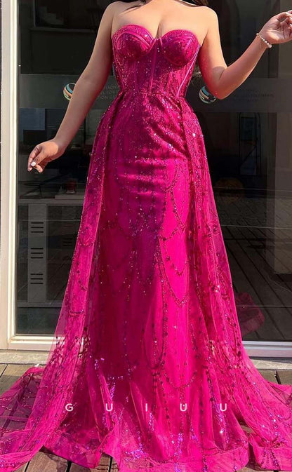 G3273 - Sparkle Strapless Sequins Beaded Hot Pink Long Party Prom Evening Dresses