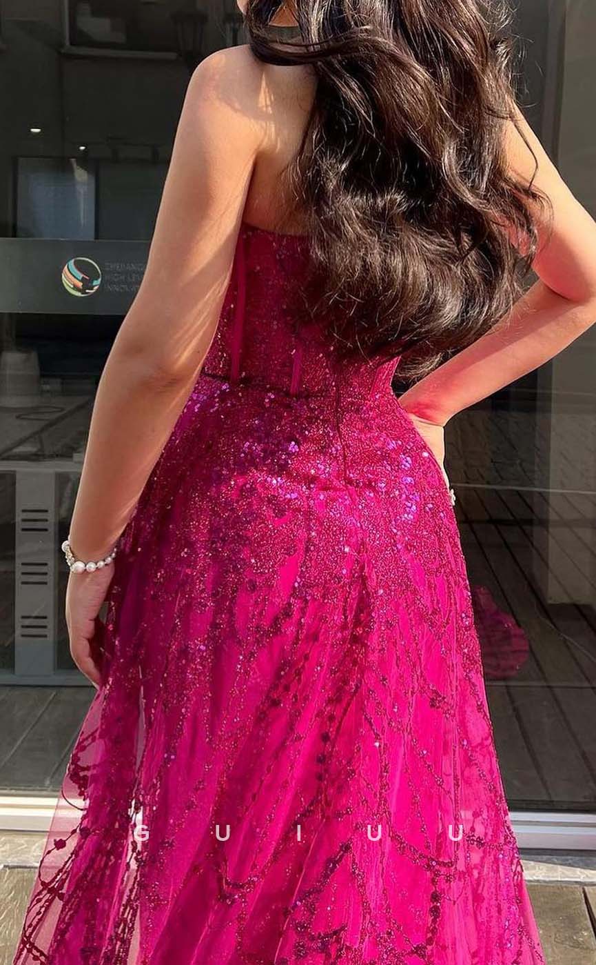 G3273 - Sparkle Strapless Sequins Beaded Hot Pink Long Party Prom Evening Dresses