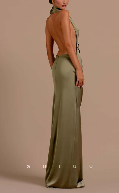 G3220 - Sexy & Sheath High Neck Satin Pleats Long Open Back Formal Prom Dresses