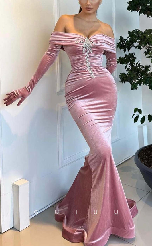 G3306 - Classic & Timeless Beaded Off-Shoulder Pink Long Party Prom Evening Dresses