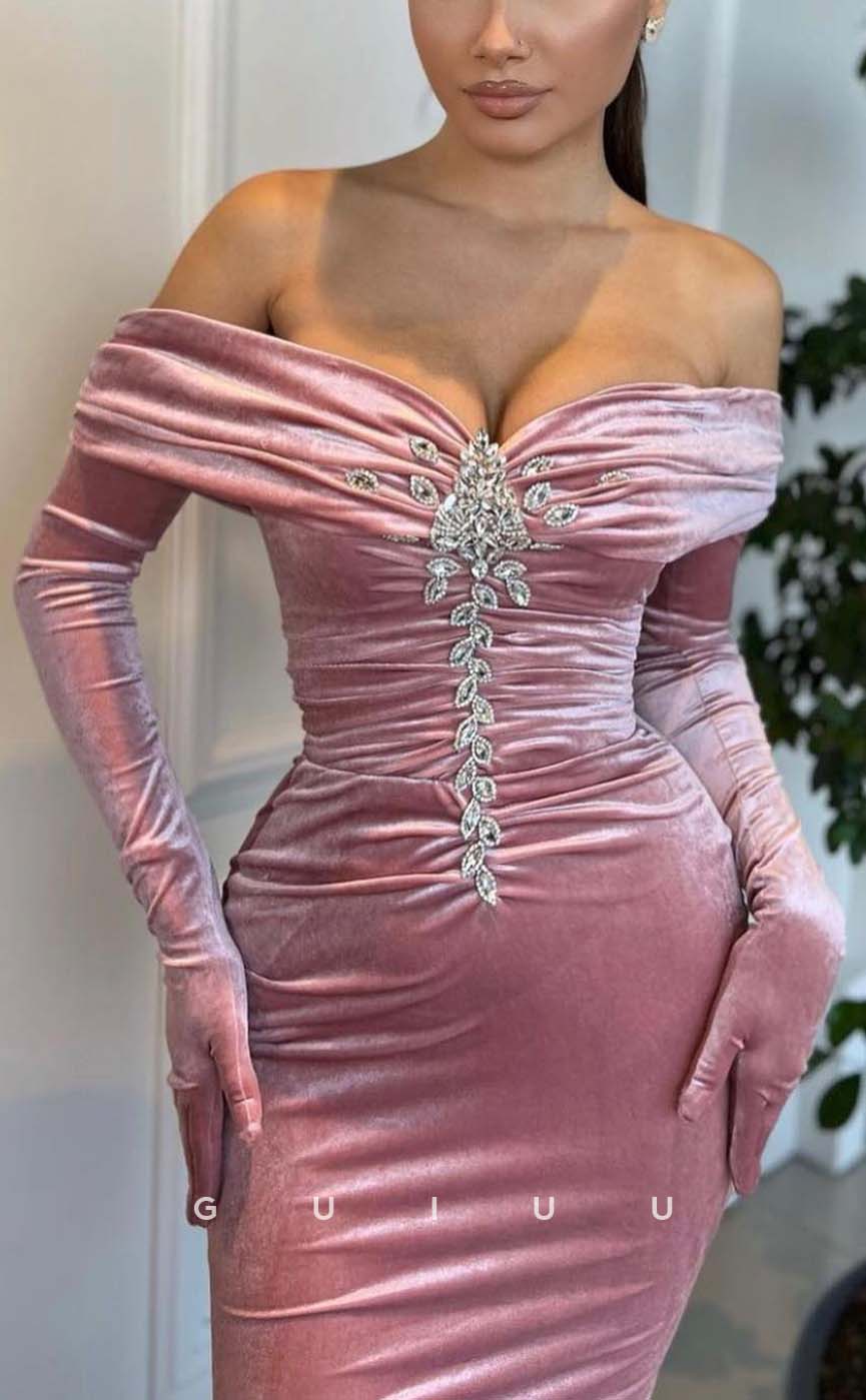 G3306 - Classic & Timeless Beaded Off-Shoulder Pink Long Party Prom Evening Dresses