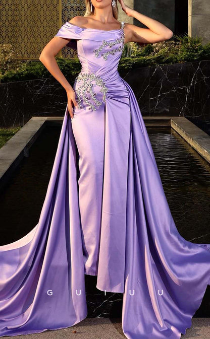 G3313 - Chic & Modern A-Line One Shoulder Pleats Beaded Long Party Prom Evening Dresses