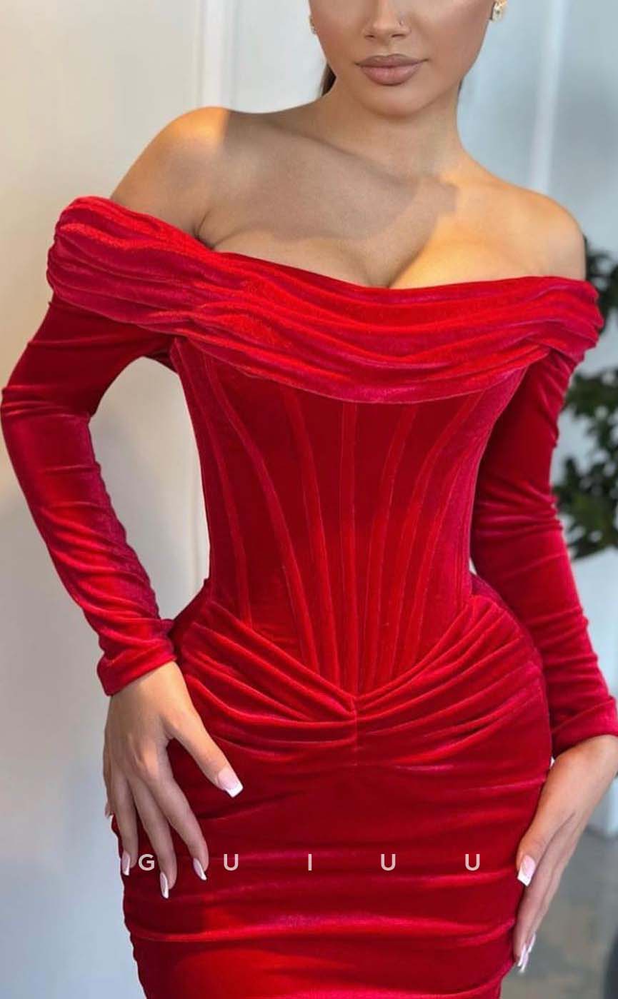 G3307 - Chic & Modern Velvet Off-Shoulder Red Long Party Prom Evening Dresses