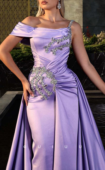 G3313 - Chic & Modern A-Line One Shoulder Pleats Beaded Long Party Prom Evening Dresses