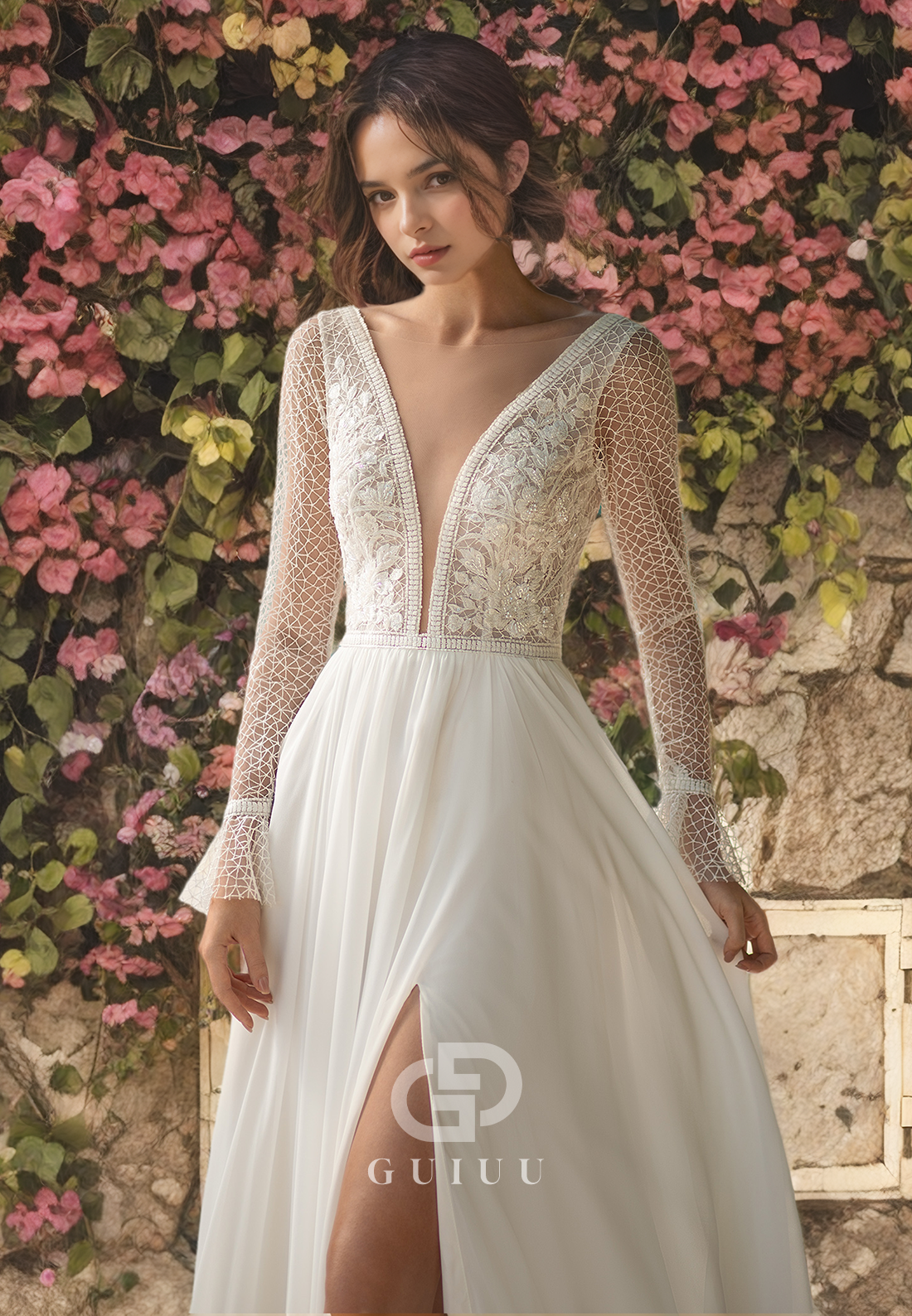 A-Line V Neck Long Sleeves Lace Appliques V Back Chiffon Wedding Dress with High Side Slit and Train