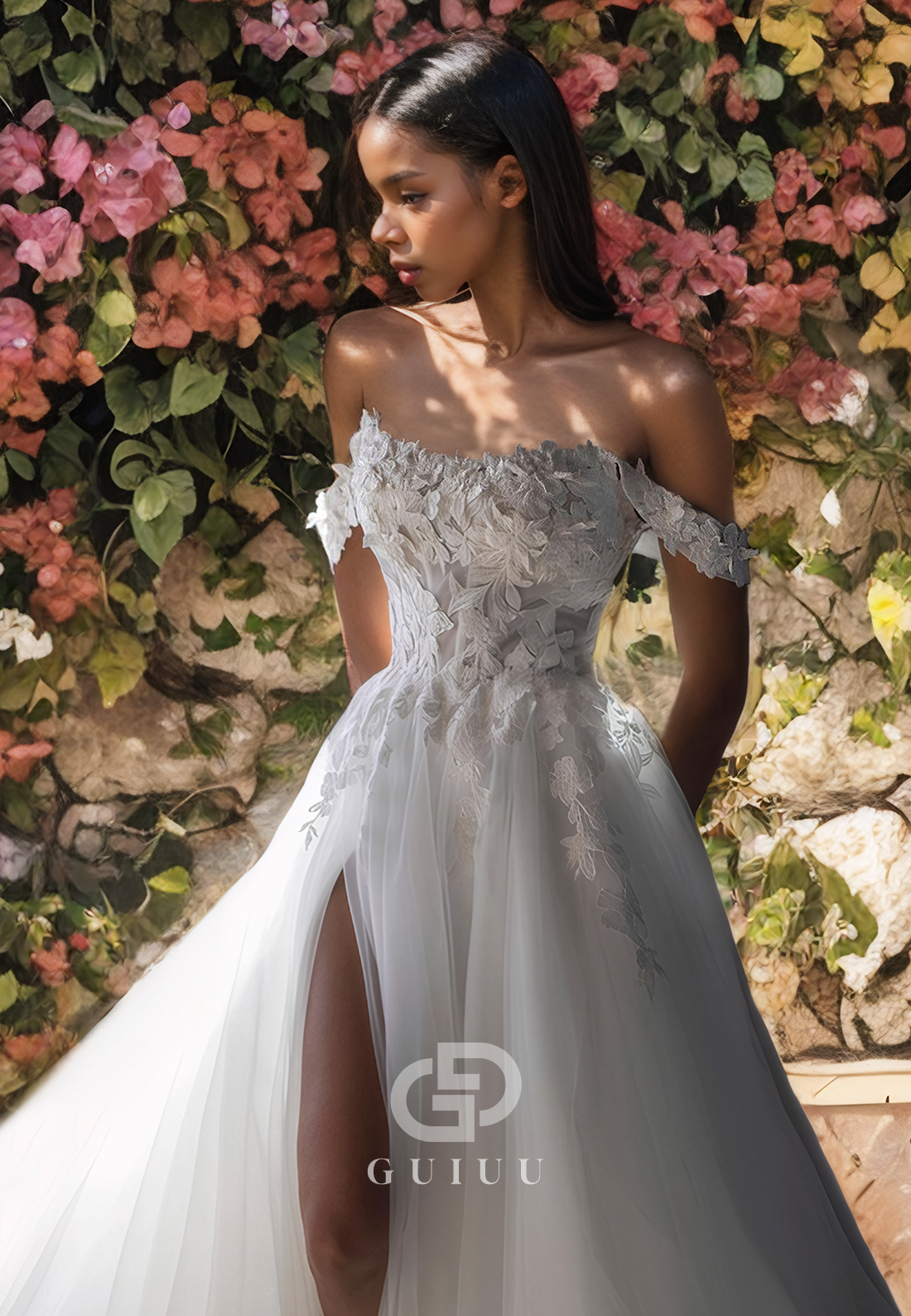 A-Line Off Shoulder Sleeveless Appliques Tulle Boho Wedding Dress with High SIde Slit and Train