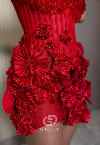 Red Sexy Halter Sleeveless Appliques Ruffles Homecoming Dress